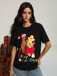 SCOOBY-DOO X SHEIN Men's Round Neck Short Sleeve Casual T-Shirt For Christmas - Black - View 1