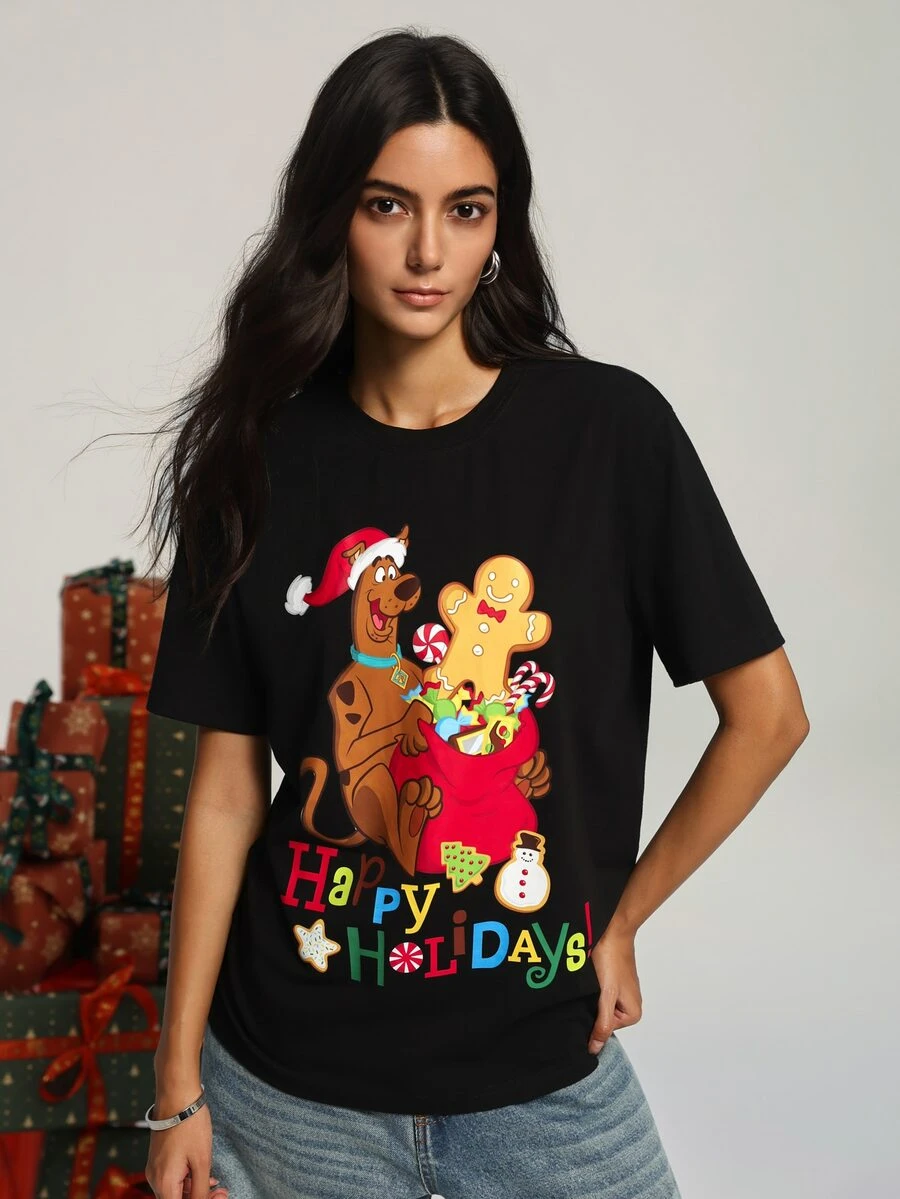 SCOOBY-DOO X SHEIN Men's Round Neck Short Sleeve Casual T-Shirt For Christmas - Black - View 1