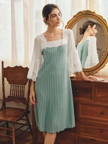 Côtesoire Women's Lace Patchwork Casual Daily Home Sleep Dress - Cadet Blue - View 5