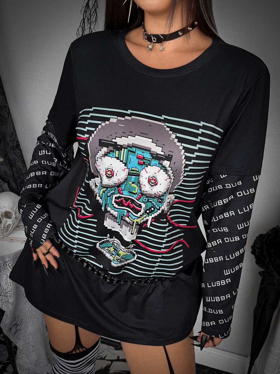 Whyspr Rick and Morty X SHEIN Black Pixel Robot Print 2 In 1 T-Shirt Dress, Cyber Y2K Street Goth Style, Spring Autumn, Halloween Comic-Con Daily Wear Fall - Black - View 1