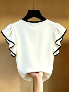 EMERY ROSE Plus Size French Elegant Round Neck Contrast Ruffle Trim Short Sleeve T-Shirt - Multicolor - View 2
