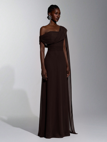 Elitara Elegant Brown Mesh One-Shoulder Ruched Decor A-Line Long Dress For Women, Wedding Events, All Formal Occasions, Bridesmaid Dress