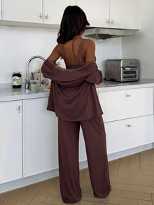 ZzzCrew Ribbed & Lace Trim Camisole Top + Long Pants + Cardigan Pajama Set - Brown - View 2