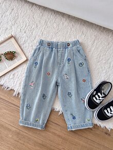 SHEIN 女嬰休閒柔軟可愛花卉刺繡卡其色牛仔寬鬆錐形褲，秋冬款，女嬰返校服裝，幼兒牛仔褲，聖誕節 - 淺色水洗藍 - 查看 5