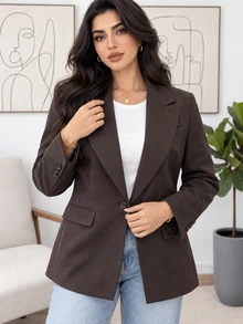 Solavon Plus Size Elegant Button Long Sleeve Blazer - Coffee Brown - View 4