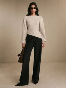 Poéselle 女款優雅羅紋提花不對稱下擺保暖毛衣，秋冬針織上衣，適合上班、約會、度假、派對與節日穿搭 - 杏色 - 查看 8