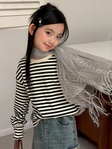 Dazy Kids Tween Girl Striped Casual Daily Long Sleeve T-Shirt - Beige - View 5