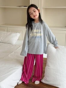 Dazy Kids Tween Girl Letter Print Long Sleeve Top And Pants Casual Daily Home Pajama Set Fall - Grey - View 3