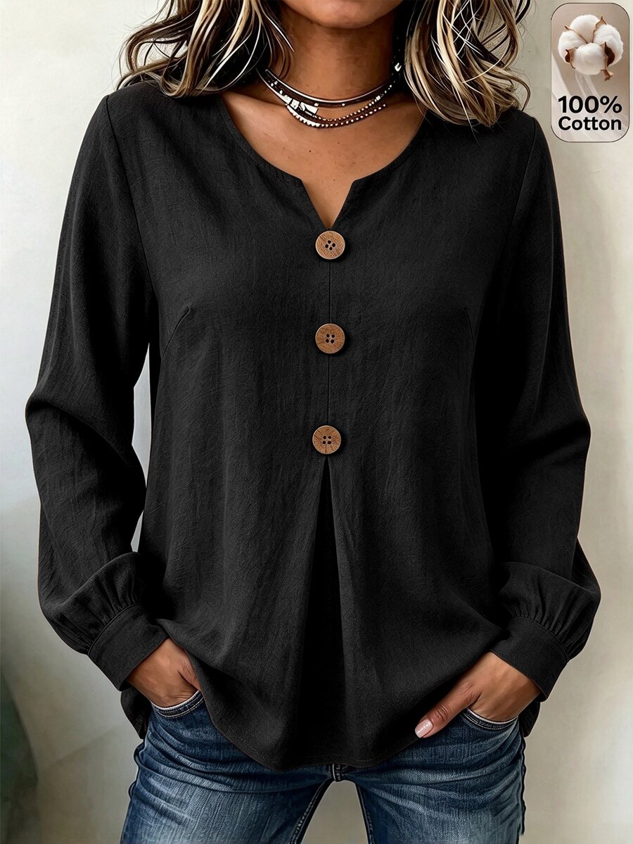 Linhara CURVE Plus Size Women's Solid Color Casual Versatile Daily Wear Shirt Fall - Black - View 1