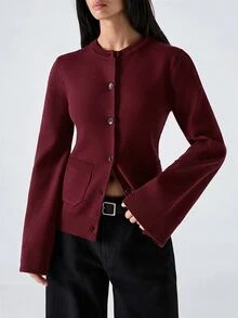 LYSMO 2025新款女款酒紅色秋季時尚日常極簡純色鈕扣開襟針織外套，休閒通勤拼接口袋毛衣，適合聖誕與冬季 - 酒紅色 - 查看 6