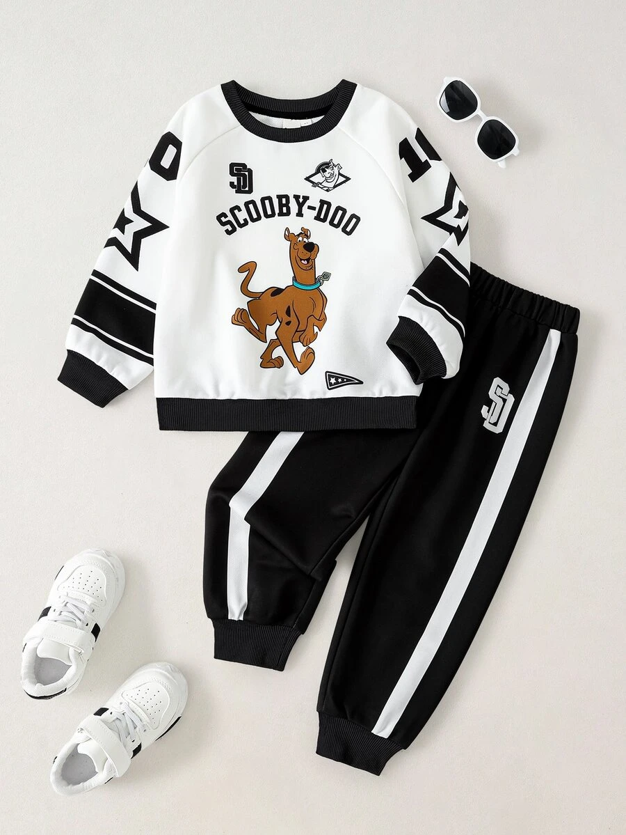 SCOOBY-DOO X SHEIN Young Boy Cartoon Print Sweatshirt And Striped Jogger Pants Set - Black and White - View 1
