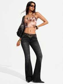 Jeanoix Plus Size Women's Casual Daily Flare Jeans With Pockets And Buttons - Black - View 5