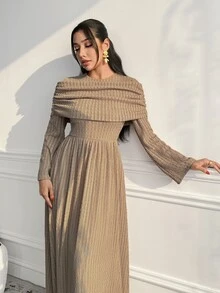 Veilorie فستان نسائي بلون موحد برقبة دائرية وأكمام طويلة بنسيج أنيق - كاكي - مشاهدة 6