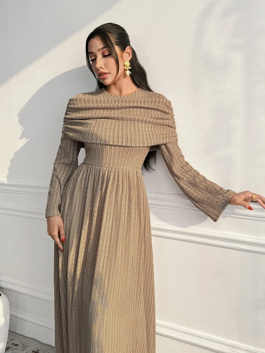 Veilorie Women's Solid Color Round Neck Long Sleeve Textured Elegant Dress - Khaki - View 1