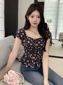 K-Vae 女款春夏休閒韓系碎花收腰泡泡袖通勤百搭軟質短袖襯衫 - 黑色 - 查看 7