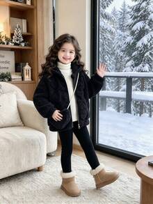 Elladie kids 女童舒適保暖毛絨外套，愛心圖案設計，搭配可愛斜背包，適合寒冷秋冬天氣 - 黑色 - 查看 4