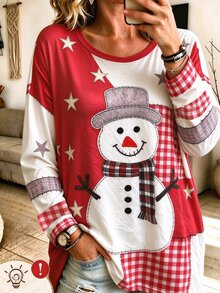 EMERY ROSE 女款 T-shirt，節慶雪人拼接印花，冬季假期休閒日常穿搭 - 紅色 - 查看 3