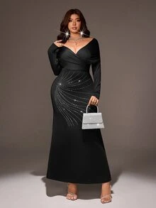 Viva Relle Autumn/Winter Plus Size Women's Black Off-Shoulder Criss-Cross V-Neck Long Sleeve Evening Gown, Radiating Rhinestone Pleated Fitted Bodycon Party Dress - Black - View 5