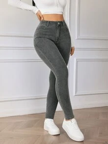 SHEIN SXY 女款時尚鈕扣口袋修身牛仔褲 - 灰色 - 查看 4