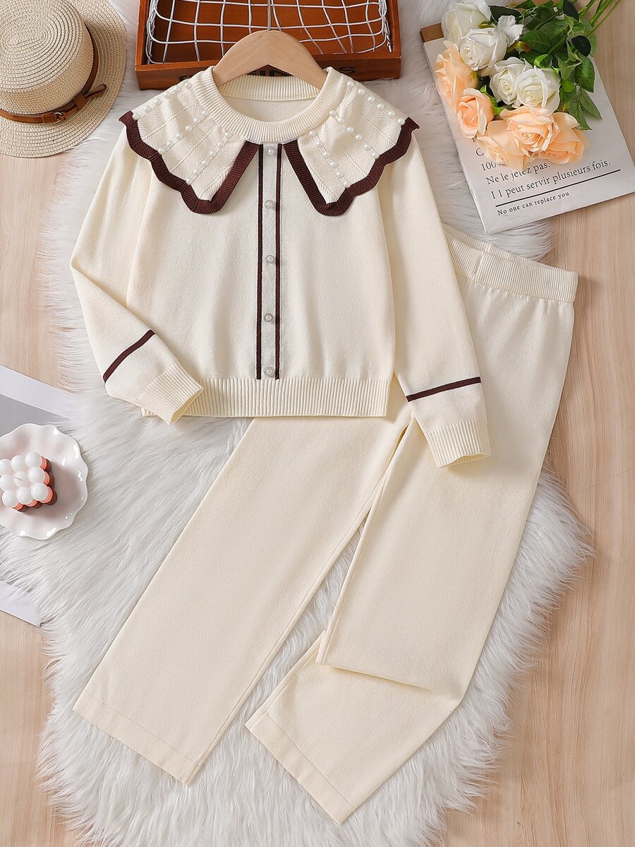 少女黑白針織兩件套服裝,優雅秋季毛衣套裝,附荷葉領與3D珍珠裝飾,親子款長褲套裝 - 米色 - 查看 1