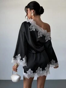 Firerie 女款優雅秋季沙烏地國慶返校季不對稱單肩蕾絲拼接喇叭袖淺灰藍迷你洋裝 - 黑色 - 查看 13