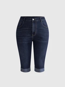 ROMWE Y2K Versatile Casual Rhinestone Floral Letter Print Cropped Skinny Plus Size Denim Jeans - Blue - View 2