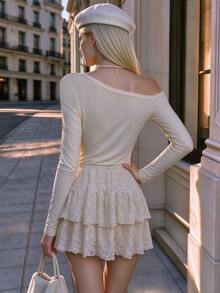 Cévolie Spring/Autumn Sexy French Style Valentine's Day Date Outfit Asymmetrical Shoulder Fitted Top & Lace Ruffle Skirt Set - Apricot - View 2