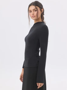 KÆRIA Hus Draped Asym Long Sleeve Top - Sculpted Jersey - Black - Going Out, Fitted, , Party, Slant Shoulder - Black - View 3
