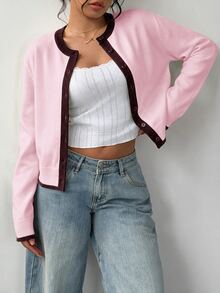 SHEIN BASICS 女款拼色長袖單排扣休閒針織開襟衫 - 粉色 - 查看 4