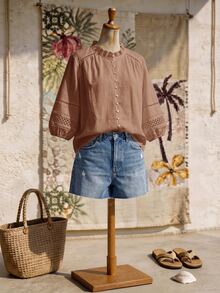 Rusticease Plus Size Autumn Vacation Solid Color Ruffle Collar Patchwork Water-Soluble Lace Front Button Lantern Sleeve Blouse White Elegant Boho Beach Fall - Mocha Brown - View 5