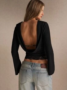 Poéselle Women's Ribbed Backless Top–Slim-Fit Boat-Neck Long-Sleeve Tee With Flared Cuffs, Lace-Trim Hem And Clasp-Strap Open Back Fall/Winter Going Out - Black - View 5