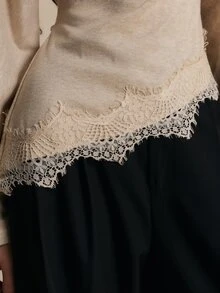 Poéselle Women's Lace Patchwork Casual Daily Long Sleeve Top - Apricot - View 5