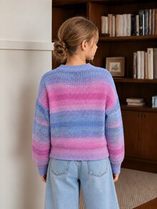 SHEIN Girls' Autumn/Winter Gradient Rainbow Macaron Color Textured Knit Sweater, Fashionable Minimalist Thick Long Sleeve Top - Multicolor - View 2