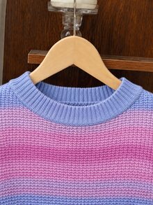 SHEIN Girls' Autumn/Winter Gradient Rainbow Macaron Color Textured Knit Sweater, Fashionable Minimalist Thick Long Sleeve Top - Multicolor - View 3