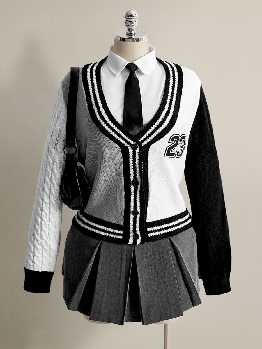 SHEIN ICON Áo cardigan nữ size lớn in kỹ thuật số phong cách thường ngày thoải mái - Đen và trắng - Xem 1