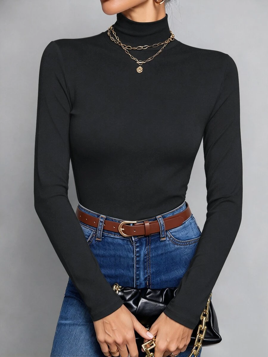 SHEIN Tall 簡約純色修身高領白色上衣,適合秋冬,適合高個女性 - 深灰色 - 查看 1