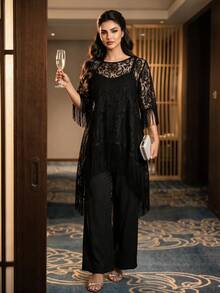 Auveirra Plus Size Women's Elegant 2 Pieces Set With Patchwork Tassel Cuff High-Low Hem Lace Top And Long Pants - Black - View 9