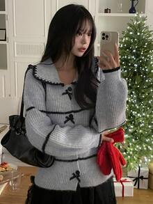 DAZY Women's Colorblock Patchwork Lapel Casual Loose Sweater Fall - Baby Blue - View 1