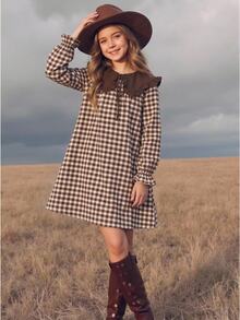 SHEIN Tween Girl Tween Girl Tween Girl Autumn/Winter Daily Pastoral Plaid Patchwork Peter Pan Collar Dress - Brown - View 6