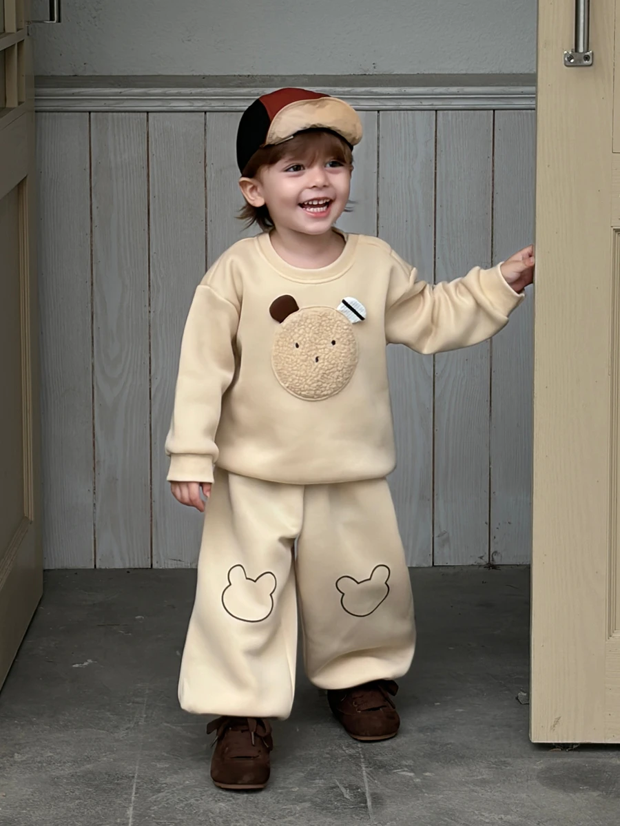 DAZY Infant (Boy) Round Neck Cartoon Long Sleeve Sweatshirt + Casual Long Pants 2 Pieces Set Sweatshirt Outfit - Apricot - View 1