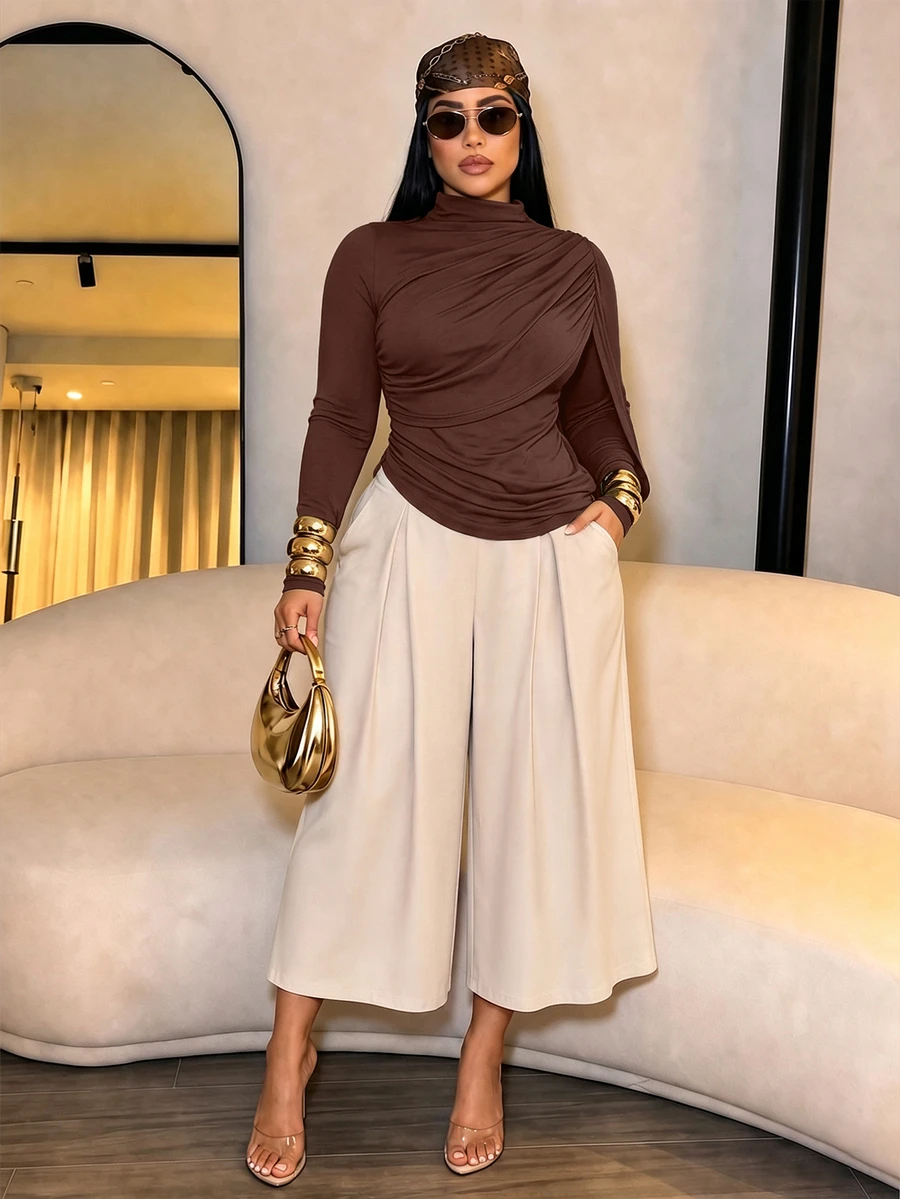 SOLERSUN Plus Size Women's Asymmetric Pleated Long Sleeve T-Shirt, Dropped Shoulder Slim Fit Top, Elegant Unique Basic T-Shirt Fall - Coffee Brown - View 1