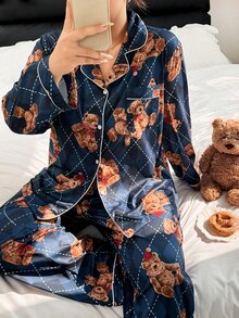 Napfluff CURVE Napfluff CURVE Plus Size Lapel Cardigan Plaid Teddy Bear Print Long Sleeve Long Pants Pajama Set - Multicolor - View 6