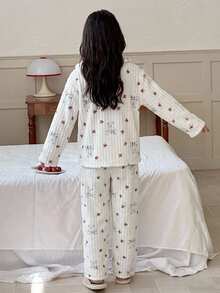 DAZY Tween Girl Long Sleeve T-Shirt With Bow Coral Fleece Bear Pattern Loose Basic Top + Pants 2 Pieces Set, Autumn Casual Loungewear - Beige - View 2