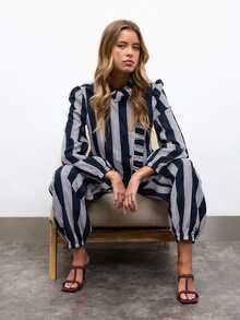 Nöista Women's Button Ruffle Trim Blouse And Striped Colorblock Jogger Pants Set - Navy Blue - View 5