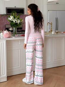 SweetSlumber Set Piyama Wanita Musim Gugur/Dingin: Atasan Rajut Bergaris Nyaman dan Celana Panjang Lembut Motif Fair Isle - MultiWarna - View 2