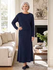 Breezaya Women's Solid Color Long Sleeve Top And Skirt Casual Set - Navy Blue - View 5