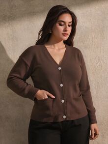 Juhart Plus Size Women Solid Color V-Neck Long Sleeve Single-Breasted Knit Cardigan - Coffee Brown - View 4