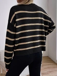 Sprig & Strand 女款條紋圓領落肩長袖休閒針織套頭毛衣，秋冬款 - 黑色 - 查看 2