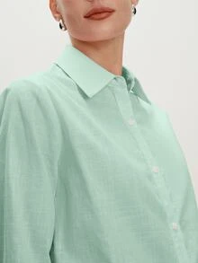 BizChic 粉色女款襯衫，春季標準版型，鈕扣長袖，優雅休閒通勤約會日常度假日畢業季音樂節顯瘦優雅百搭高端夏季社交假日派對出遊海灘辦公室法式復古極簡清新 - 綠色 - 查看 5