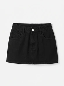 SHEIN 女童休閒百搭牛仔裙，附口袋 - 黑色 - 查看 7